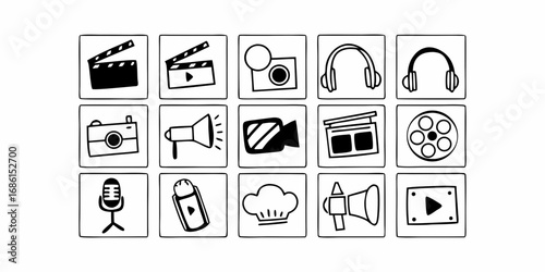 Illustration showing various media and entertainment related icons arranged in a square grid pattern on transparent background
