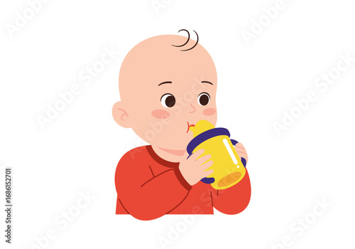 Baby drinks from blue and yellow sippy cup. Ideal for baby products, parenting articles, illustrations, childrens books.