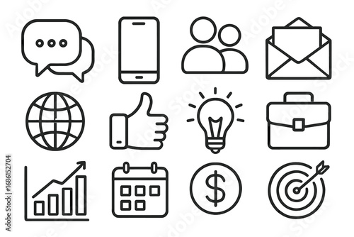 Business and communication linear icon set. Vector symbols for finance, marketing, strategy and technology. Global management, social media, planning, and innovation concepts.
