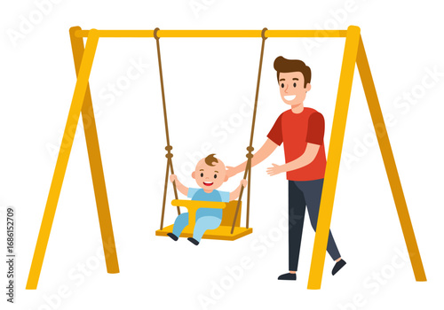 Father pushing baby on yellow swing set joyful family moment captured outdoors, suitable for parenting blogs, websites, and advertisements.