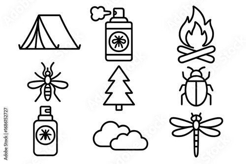 Camping outline icon set for nature adventure. Vector collection with tent, campfire, mosquito, repellent spray, bug, tree. Summer travel and hiking symbols. Linear pictogram.