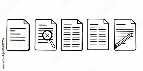 Five documents with lines and a magnifying glass and pencil on a white background in black and white on transparent background