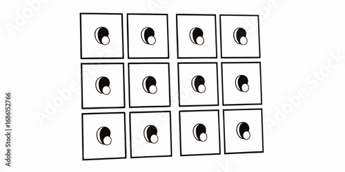 A grid of twelve squares each containing a black and white circular design in the upper left corner on transparent background