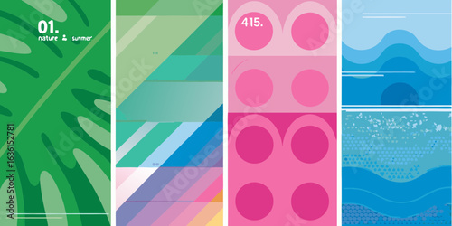 Abstract geometric patterns and nature inspired graphics in a vertical collage format