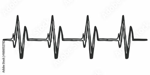 Stylized representation of a heart rhythm ekg with repeating peaks and valleys in a continuous waveform line on transparent background