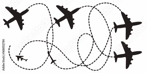 Silhouette airplanes flying with dotted lines on a white background showing flight paths and travel routes on transparent background