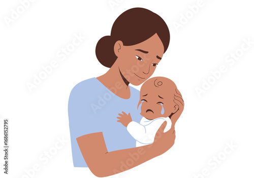 Emotional scene of woman comforting crying baby with tenderness. Perfect for parenting articles, childcare brochures, and familyoriented websites.