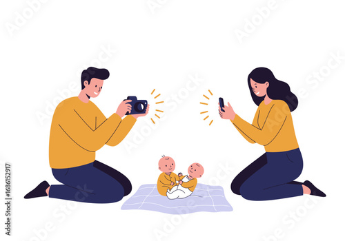 Man and woman photographing two babies on a purple blanket. Perfect for family, parenting, newborn photography concepts. Cute and charming image.