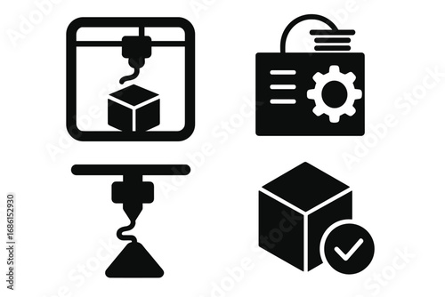 3D printing technology silhouette icon set. Industrial production and manufacturing symbols. Additive manufacturing, rapid prototyping, engineering and printer machine process.