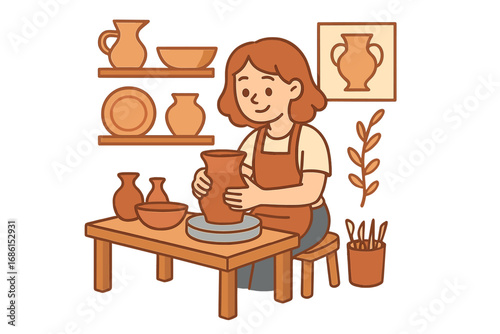 Woman artisan crafting clay pot on potter's wheel in workshop. Handmade ceramics, creative hobby and art concept. Vector cartoon illustration of a potter at work.