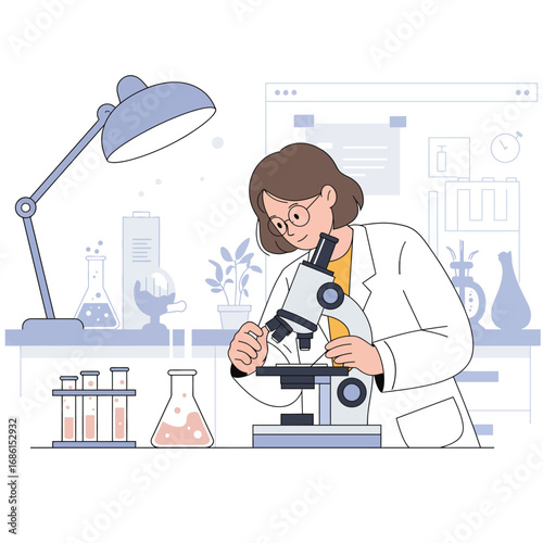 A scientist examines samples under a microscope in a laboratory setting.