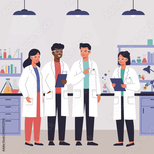 Four scientists in lab coats collaborating in a laboratory setting.