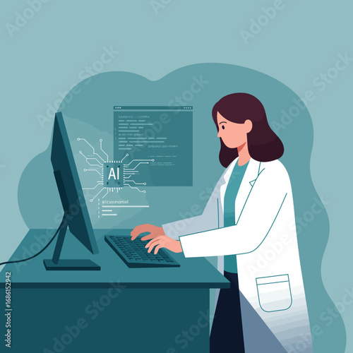 A woman in a lab coat working on a computer related to AI technology.