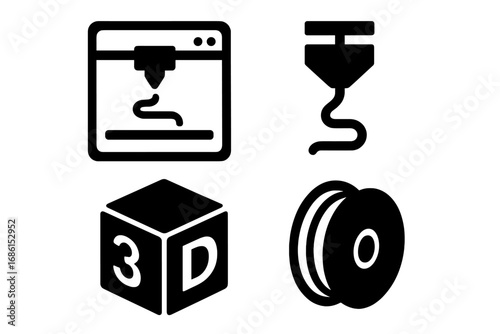 3D printing silhouette icon set. Vector glyphs of printer, extruder nozzle, filament spool, and 3D cube. Technology and additive manufacturing symbols for web and print.