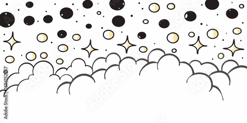 Illustration of clouds with stars and bubbles creating a dreamy and whimsical atmosphere design element on transparent background