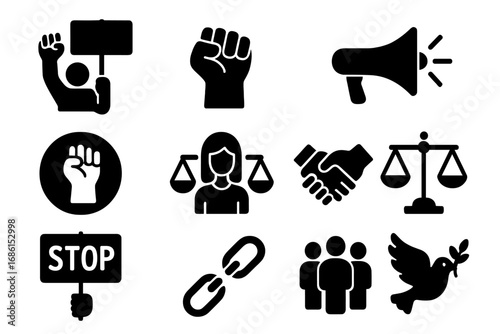 Activism and justice solid icon set. Protest, equality, and freedom concepts. Vector collection with human rights, peace dove, raised fist, and civil rights demonstration symbols.