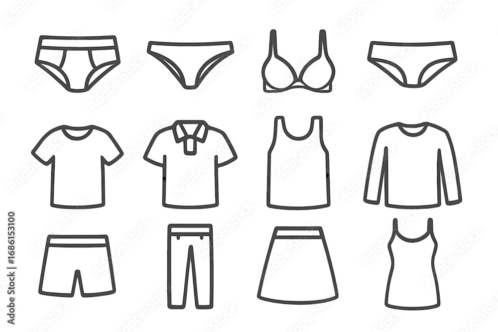 Clothing line icon set. Underwear and lingerie collection. Fashion apparel symbols. Vector illustration of shirt, pants, skirt, bra, panties. Man and woman clothes outline. Clothing line icon set. Underwear and lingerie collection. Fashion apparel symbols. Vector illustration of shirt, pants, skirt, bra, panties. Man and woman clothes outline.
