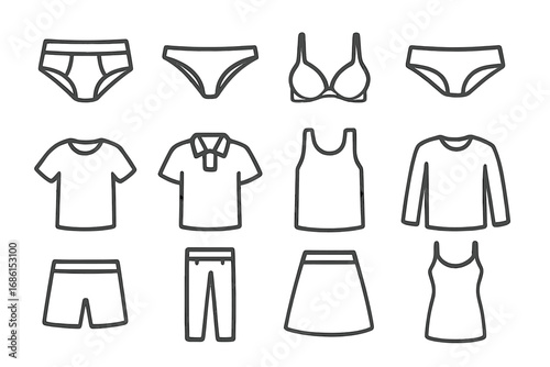 Clothing line icon set. Underwear and lingerie collection. Fashion apparel symbols. Vector illustration of shirt, pants, skirt, bra, panties. Man and woman clothes outline.