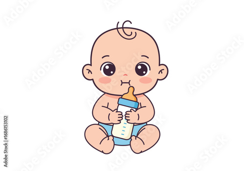 Infant with a single curl holding bottle. Perfect for baby products, parenting guides, childcare promotions, and baby shower invitations.