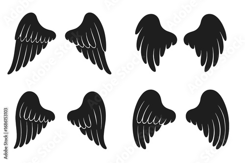 Angel wings silhouette icon set. Spiritual symbols graphic design collection. Vector cartoon illustration. Black feather wings for logo, tattoo, memorial. Divine fantasy concept.