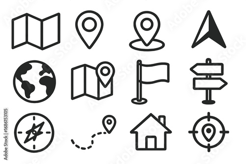 Map location icon set. Vector navigation pin, direction arrow, and destination pointer. GPS route marker, globe, compass, and travel signpost for tourism and address find.
