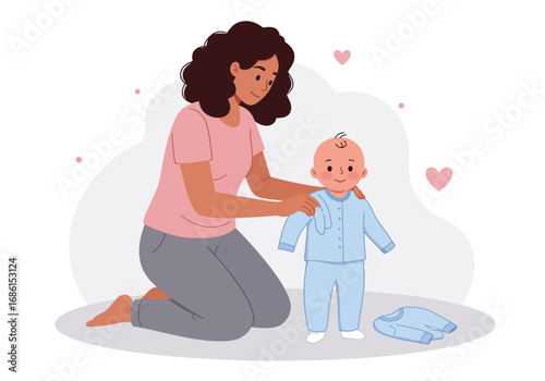 Mother lovingly dresses her baby in a light blue jumpsuit, perfect for parenting blogs, childcare websites, or familyoriented marketing materials.