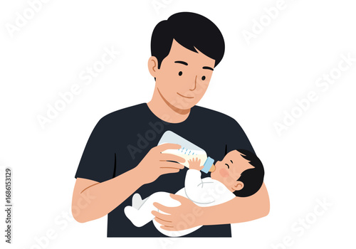 Man smiles softly as he feeds his baby a bottle. Suitable for parenting or familyrelated concepts.