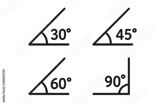 Angle icons set. 30, 45, 60, 90 degree geometry math symbol. Geometric measurement tool sign. Mathematics education vector illustration. Acute and right angle pictogram.