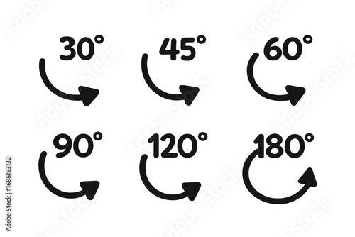 Angle degree icons set. Math rotation symbols. 30, 45, 90, 180 degrees. Geometric measurement signs. Circle turn arrow vectors. Geometry infographic elements. Rotate symbol.