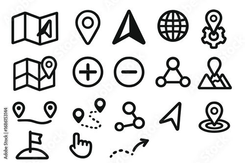 Set of map and navigation line icons. Vector collection of location pin, GPS route, destination pointer, globe, and travel symbols for web and mobile app interface design.