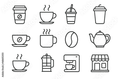 Coffee icon set line art. Vector beverage symbols for cafe menu. Hot drink, coffee shop, espresso machine, cappuccino, latte, bean, french press, barista pictogram collection.