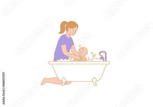 Woman giving baby bath in clawfoot bathtub. Suitable for parenting blogs, baby care websites, and familyoriented marketing materials.
