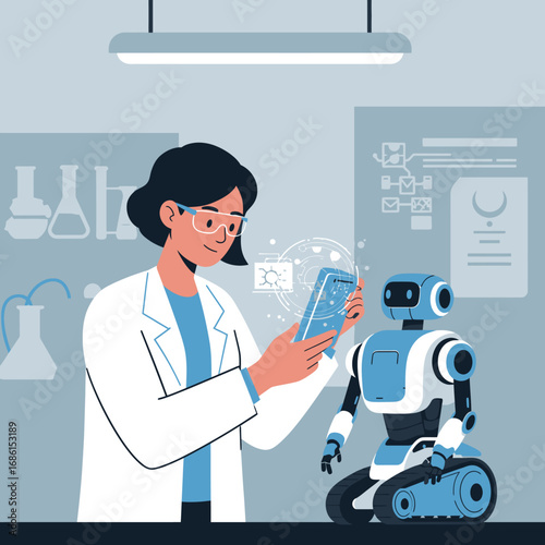 A scientist interacts with a robot using a smartphone in a lab setting.