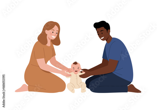 Smiling interracial family with baby together on floor suitable for family, parenting, diversity, and unity concepts in design.