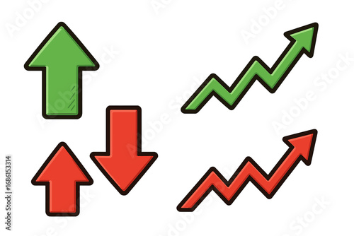 Set of vector up and down arrows. Green and red chart arrows for stock market, finance and business concepts. Growth and decline, increase and decrease symbols.