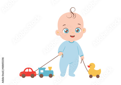 Cute baby happily playing with a toy car train and duck. Ideal for childrens products and parentingrelated designs.