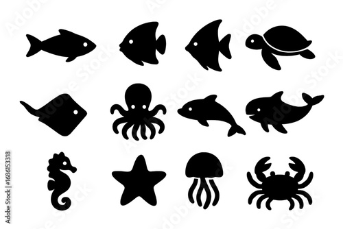 Aquatic life silhouette icon set. Marine creatures bold vector collection. Fish, ocean animals. Includes turtle, octopus, dolphin, whale, crab, seahorse, jellyfish, starfish.
