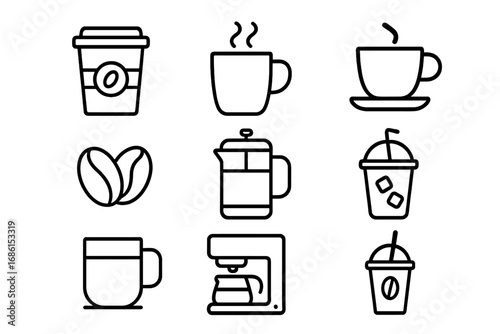 Coffee and beverage outline icon set. Vector symbols for cafe menu, coffee shop. Linear pictograms of hot and iced drinks, espresso, latte, coffee maker, french press, beans.