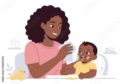 Smiling woman wipes babys face after feeding in a highchair. Suitable for parenting blogs, childcare websites, and advertising materials.