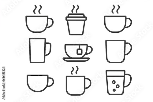 Coffee and tea outline icon set. Cups, mugs, beverages, drinks in linear style. Vector illustration for cafe menu, hot drink symbol. Espresso, latte, cappuccino, teacup icons.