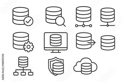 Database line icon set for data management and technology. Vector outline pictograms for server storage, cloud computing, network security, migration and system administration.