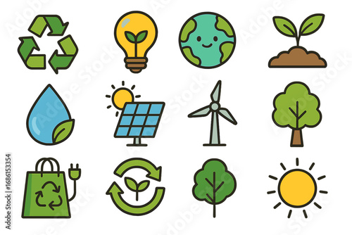 Eco-friendly icon set. Environmental, sustainability, and nature conservation concepts. Green energy, recycling symbol, solar panel, wind turbine. Ecology vector collection.