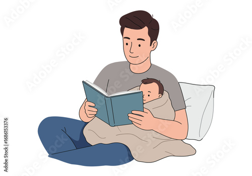 Father reading book to baby in blanket. Suitable for parenting blogs, childcare resources, and familyoriented marketing materials.
