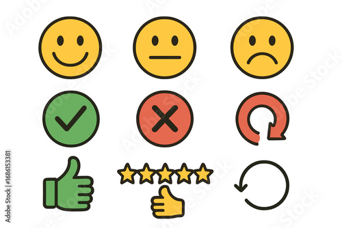 Feedback and review icon set for customer satisfaction rating. Emoticons for survey, opinion poll. Vector cartoon faces, check mark, cross, stars, thumbs up symbols.