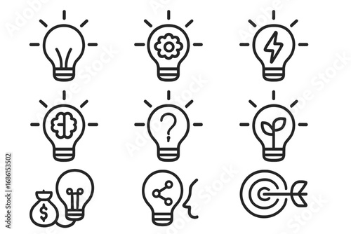 Light bulb icon set for innovation, creativity and ideas. Business concepts for strategy, brainstorming, solutions, growth, energy, goals, funding and sharing. Vector line art.