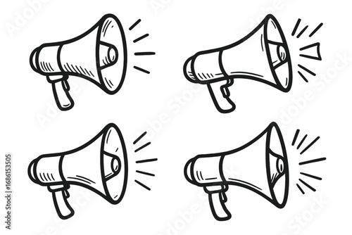Hand-drawn megaphone doodle set. Loudspeaker vector icons for communication, announcement, alert, and protest. Bullhorn sketch illustrations for news, speech, and attention.