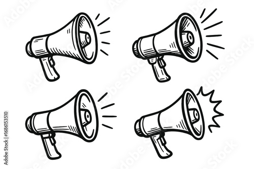 Hand-drawn megaphone doodle set. Vector loudspeaker sketch collection for communication, announcement, and protest concepts. Loud speaker icons for news, marketing, and alert.
