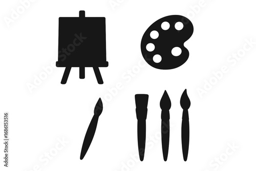 Art tools silhouette icon set. Vector illustration of painter supplies with easel, canvas, palette, and paint brushes. Creative artist equipment for hobby or design element.