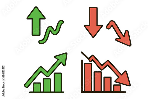 Stock market chart arrows up and down. Vector set for finance. Green increase and red decrease icons. Financial growth and decline graph. Business success and crisis concept.