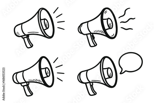 Hand-drawn megaphone doodle illustration set. Vector loudspeaker icons for communication, announcement, marketing, and protest. Loud speaker sketch for broadcasting and alerts.